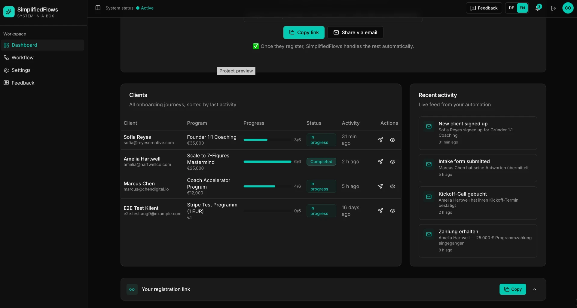 SimplifiedFlows clients list and live activity feed